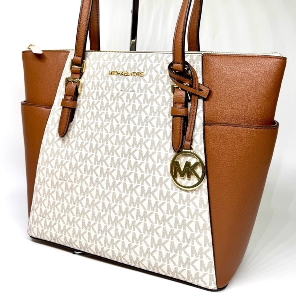 Michael Kors Charlotte Large Leather Top-Zip Tote Bag - Vanilla/Brown